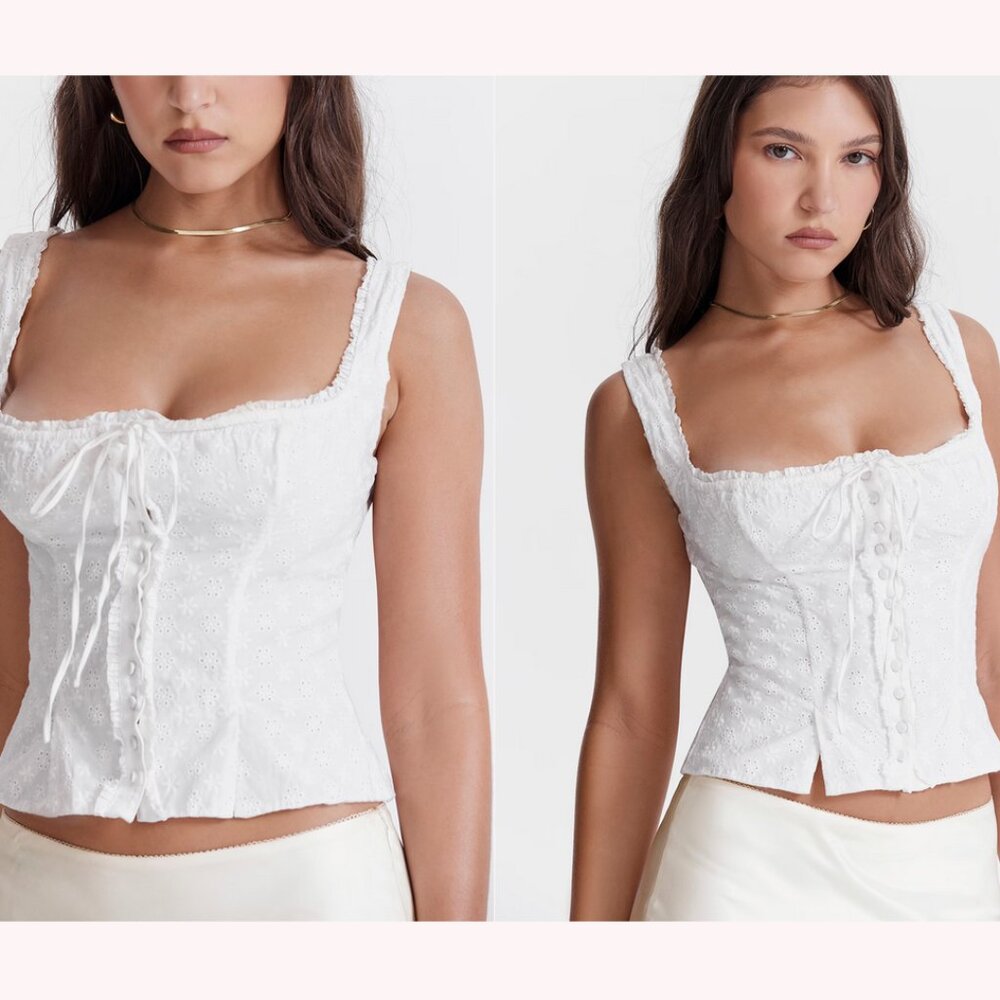 HOUSE OF CB Juana Broderie Anglaise Corset Top White Medium Button Front NWT - Picture 3 of 17